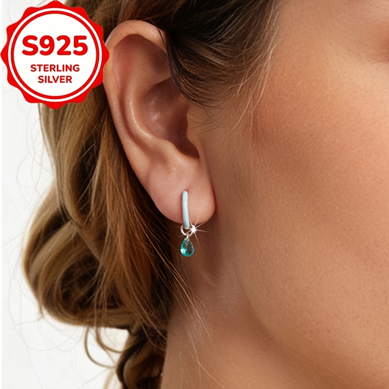 2pcs Women's S925 Sterling Silvery Light Blue Glaze Drop Earrings